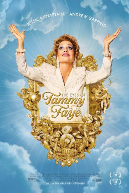 New poster for "The Eyes of Tammy Faye", Jessica Chastain exaggerated makeup