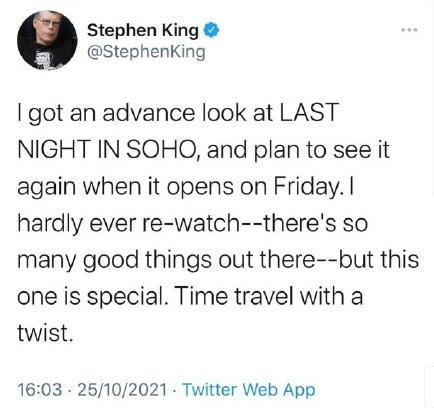 Stephen King recommends "Last Night in Soho", second viewing is scheduled!