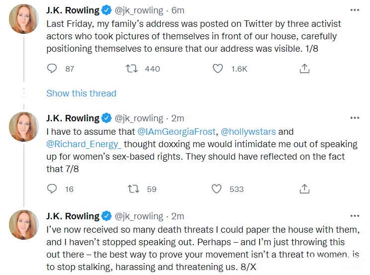 J.K. Rowling calls for an end to her harassment