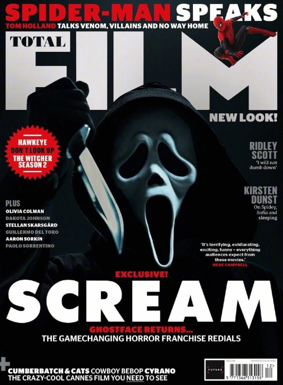 "Scream 5" released new stills, and the ghost mask killer appeared on the cover of the new issue of "Total Film"!