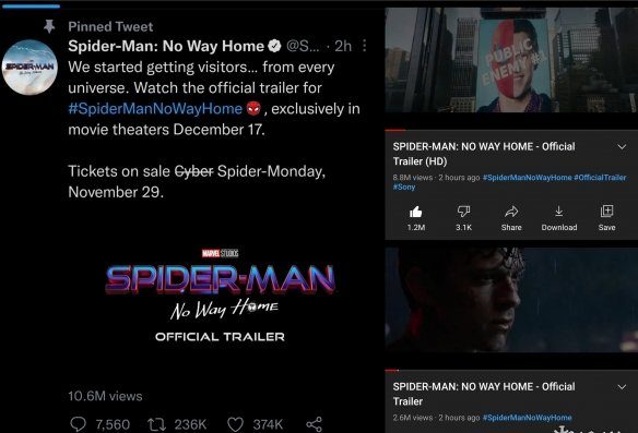 The latest preview of "Spider-Man: No Way Home" has an instantaneous number of views over 10 million
