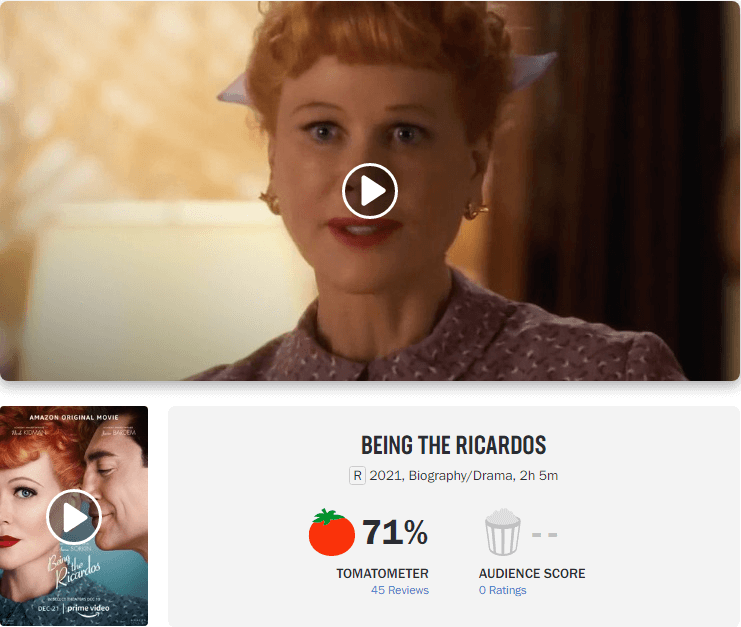 Aaron Sorkin's new film "Being the Ricardos" lifted the word-of-mouth ban, its freshness of rotten tomatoes was 71%