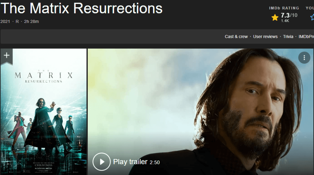 "The Matrix Resurrections" score released, IMDB currently scores 7.3