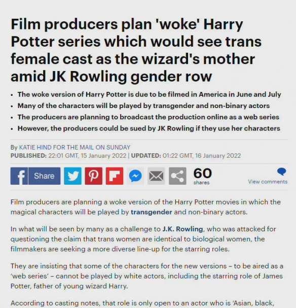 Stack buffs? U.S. producers plan to hire transgender actors for new 'Harry Potter' movie