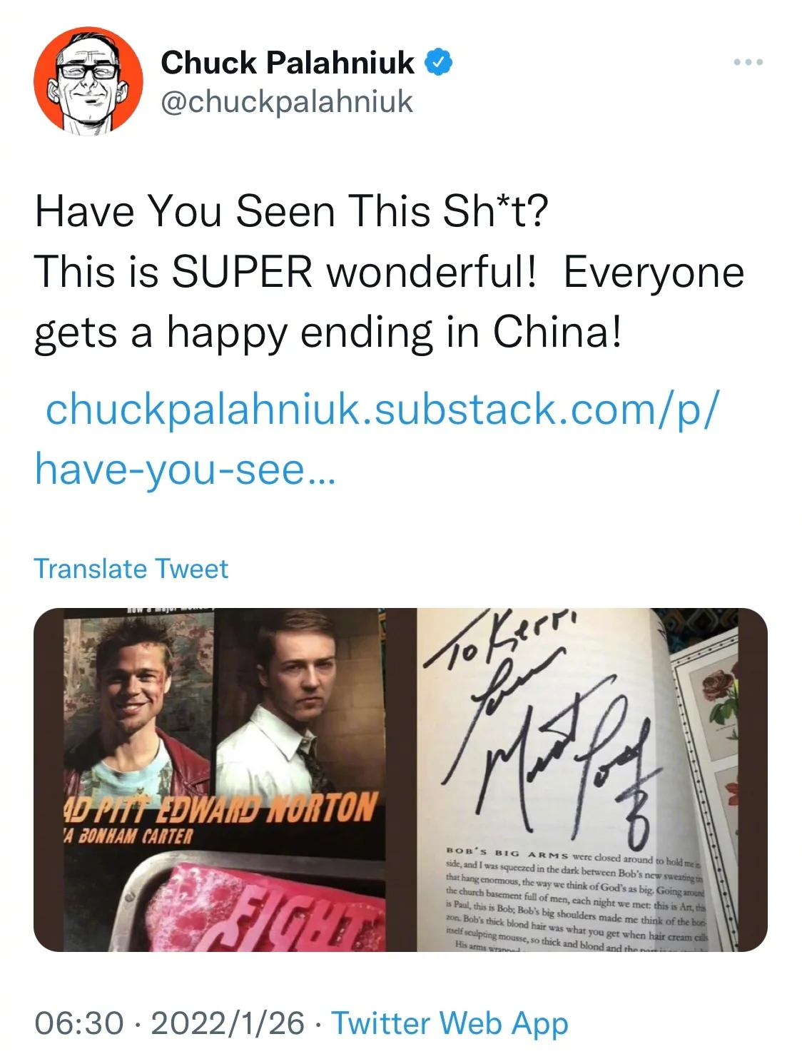 "Fight Club" original author Chuck Palahniuk responds to the Chinese "special edition" ending