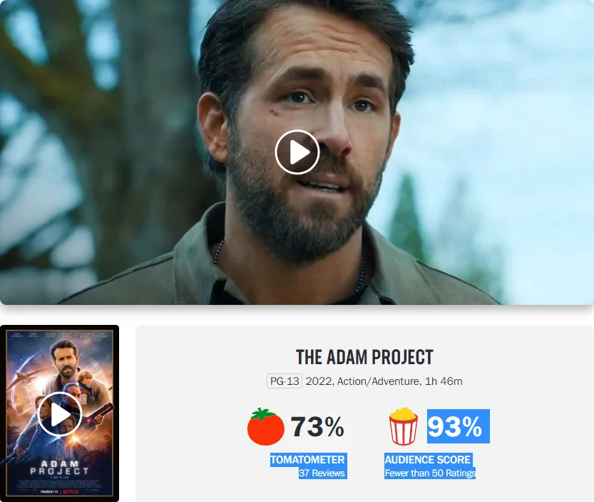 Netflix's new film "The Adam Project" Rotten Tomatoes is 73% fresh