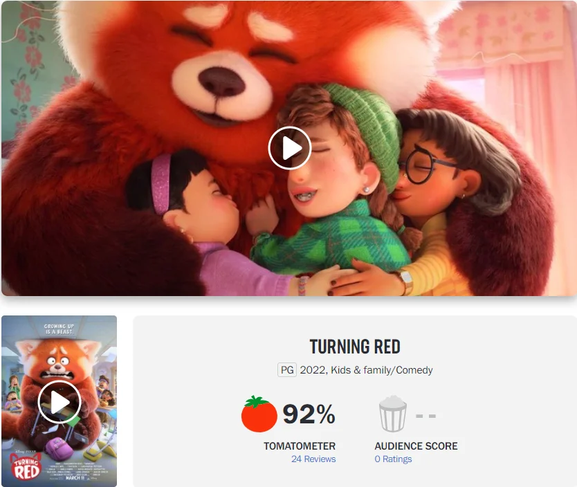 "Turning Red" Rotten Tomatoes is 92% fresh and it's been called Pixar's best since "Inside Out"