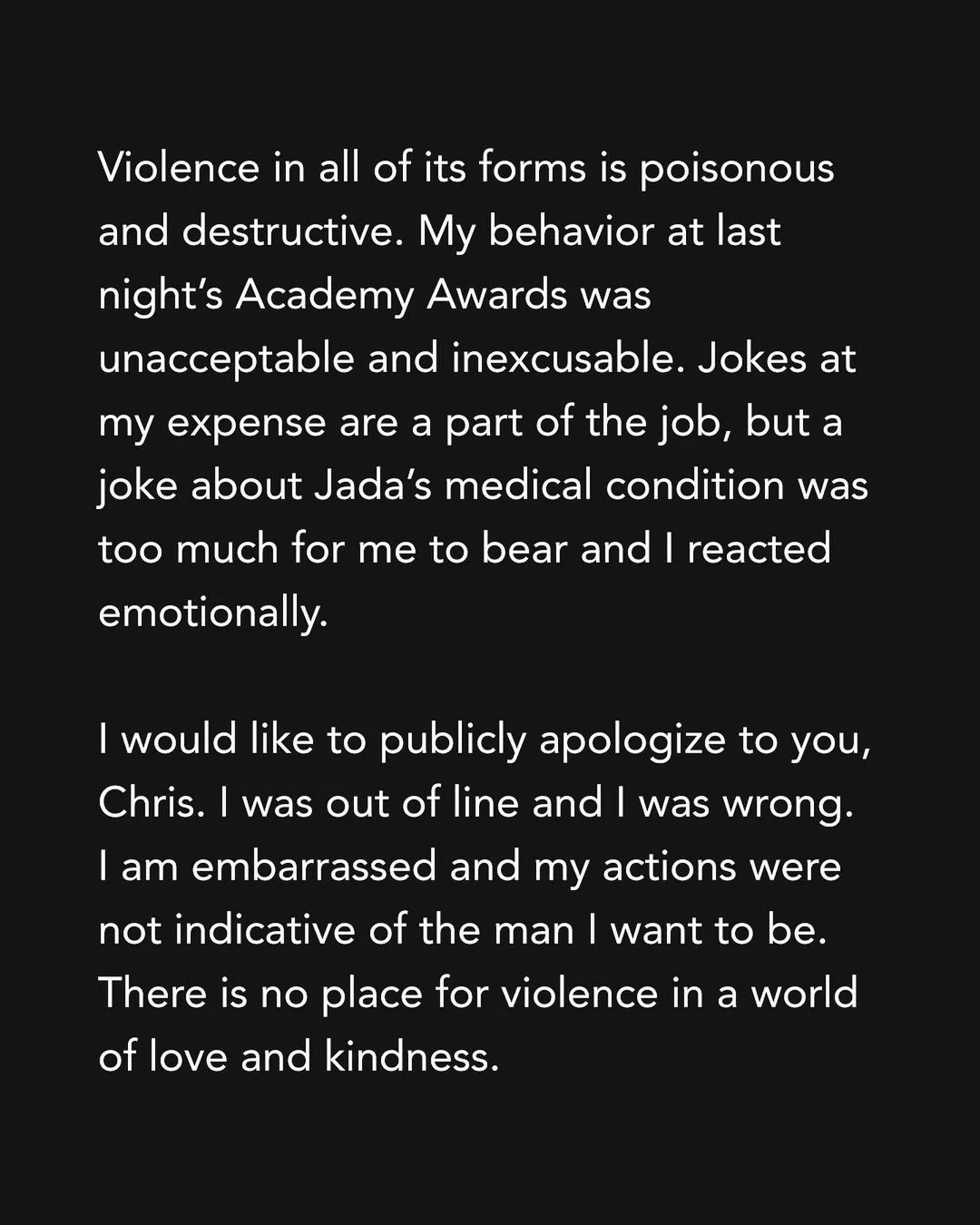 Will Smith apologises for slapped Chris Rock