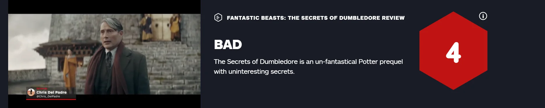 "Fantastic Beasts: The Secrets of Dumbledore" Rotten Tomatoes is 76% fresh and MTC is 47 points
