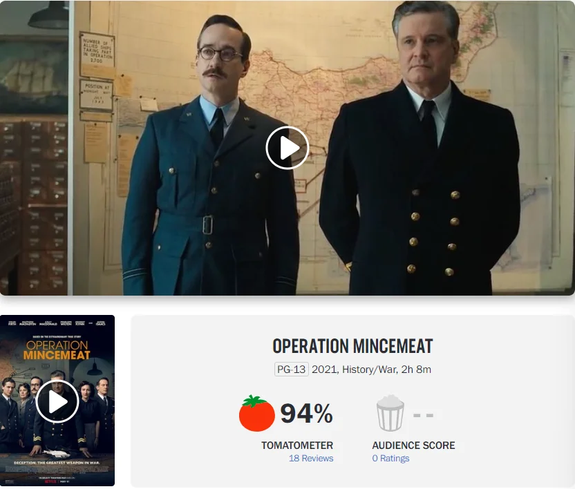 "Operation Mincemeat‎" Rotten Tomatoes is 94% fresh