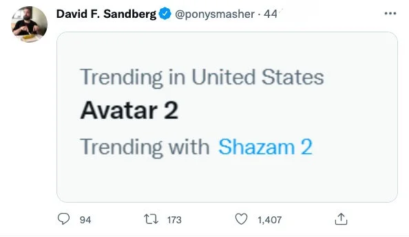 "Shazam! Fury of the Gods‎" director David F. Sandberg challenged Cameron, then announced a 5-day extension to avoid "Avatar: The Way of Water"