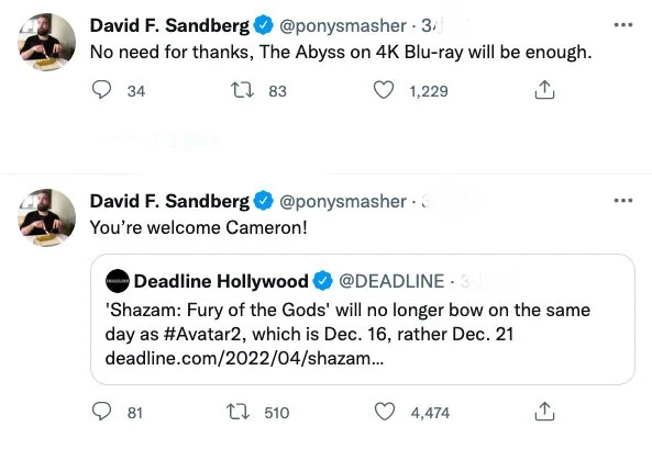 "Shazam! Fury of the Gods‎" director David F. Sandberg challenged Cameron, then announced a 5-day extension to avoid "Avatar: The Way of Water"