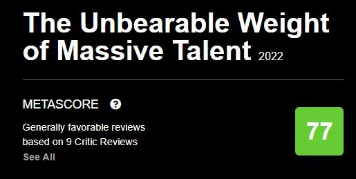 "The Unbearable Weight of Massive Talent" Rotten Tomatoes started 100%, Nicolas Cage is finally about to turn over?