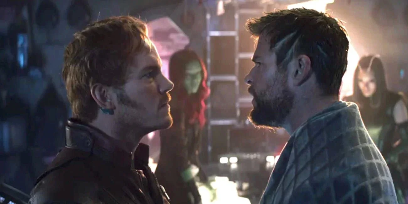 Thor and Star-Lord's eye-to-eye contact is super funny