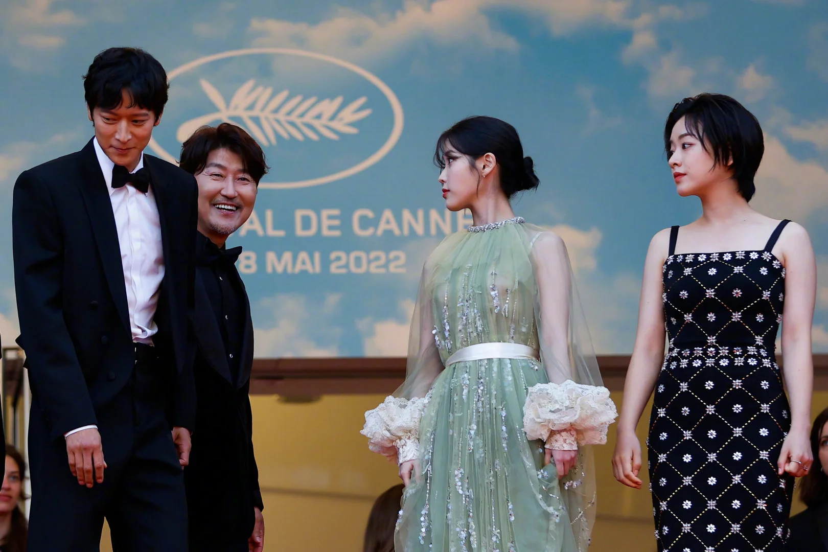 "Broker" director Hirokazu Koreeda with actors Kang-ho Song, Dong-won Kang, IULee Ji Eun, Joo-young Lee attend red carpet for closing ceremony at Cannes Film Festival