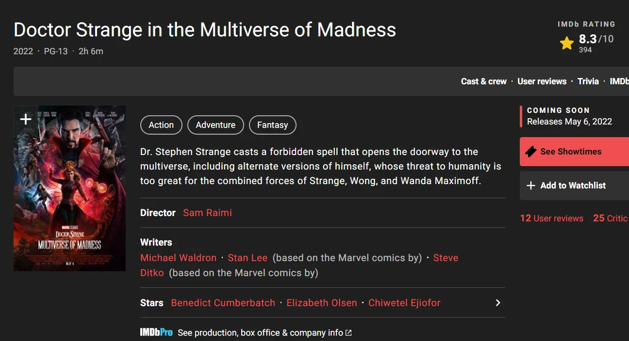 "Doctor Strange in the Multiverse of Madness‎" Rotten Tomatoes freshness 84%, IMDB average 8.3