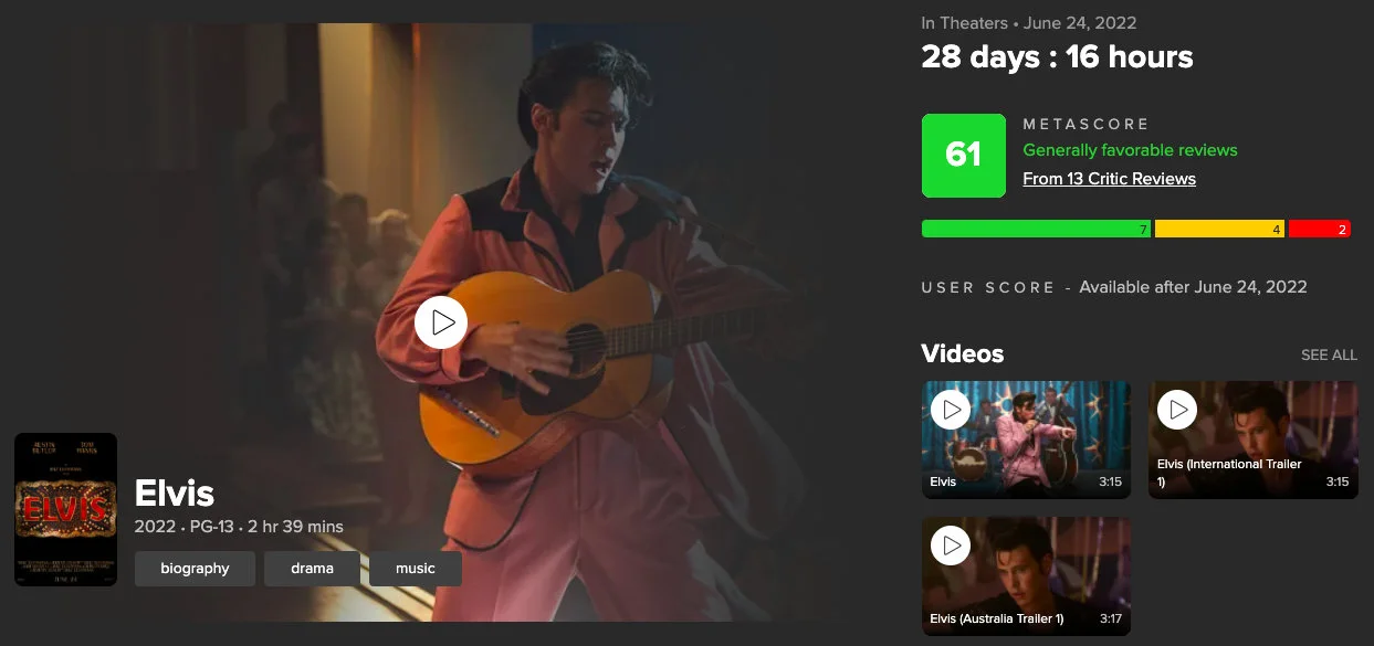 "Elvis" Rotten Tomatoes is 82% fresh and has an average MTC score of 61