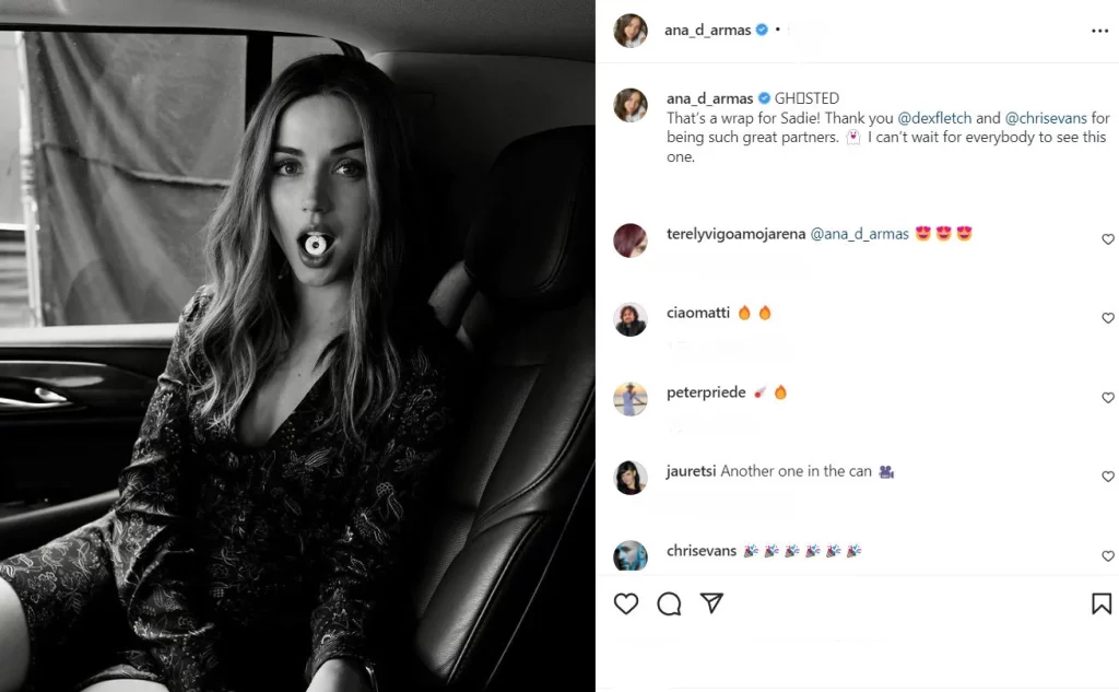 "Ghosted" star Ana de Armas wraps up filming, posts thanks to partner Chris Evans