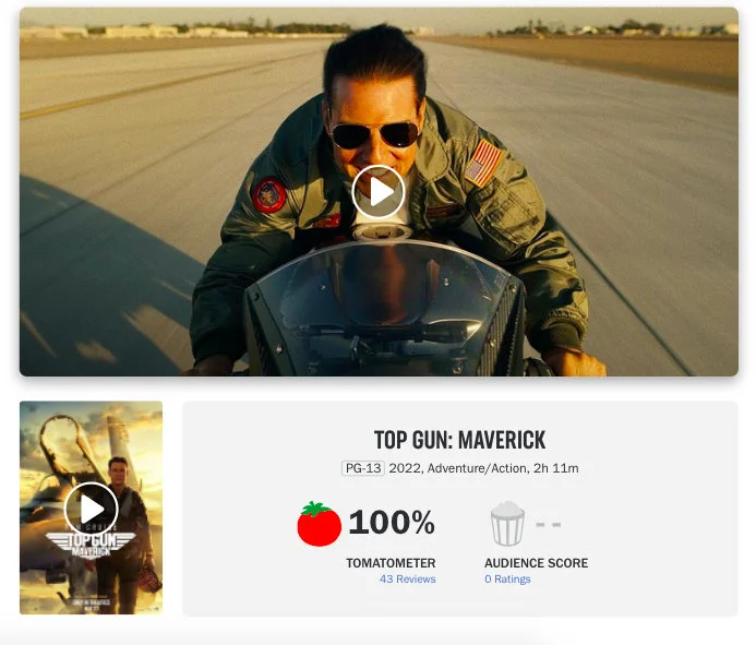 "Top Gun: Maverick" Rotten Tomatoes is 100% fresh, with an average MTC score of 80