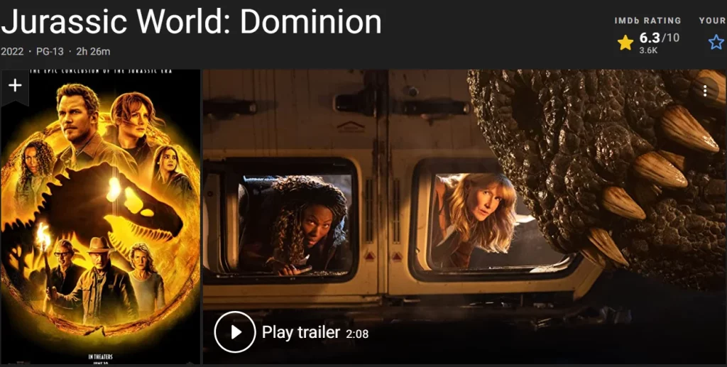 "Jurassic World: Dominion‎"Rotten Tomatoes is 88% fresh, IMDB score of 6.3!