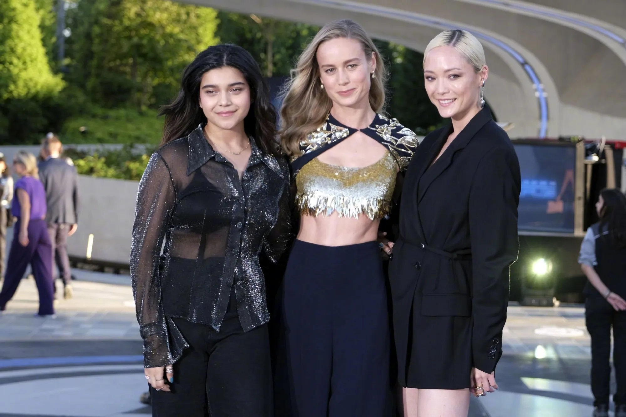 Brie Larson, Iman Vellani and Pom Klementieff attend the opening of "The Avengers" park at Disneyland Paris | FMV6
