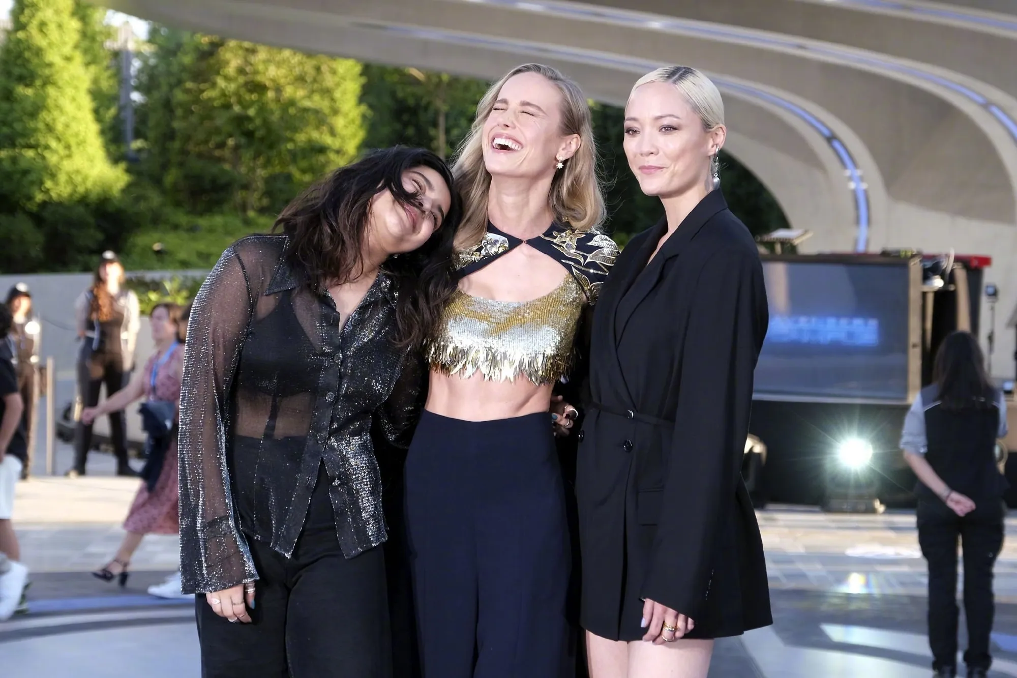 Brie Larson, Iman Vellani and Pom Klementieff attend the opening of "The Avengers" park at Disneyland Paris | FMV6