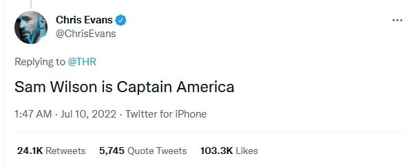 Chris Evans responds to Captain America substitution: "Sam Wilson is Captain America." | FMV6