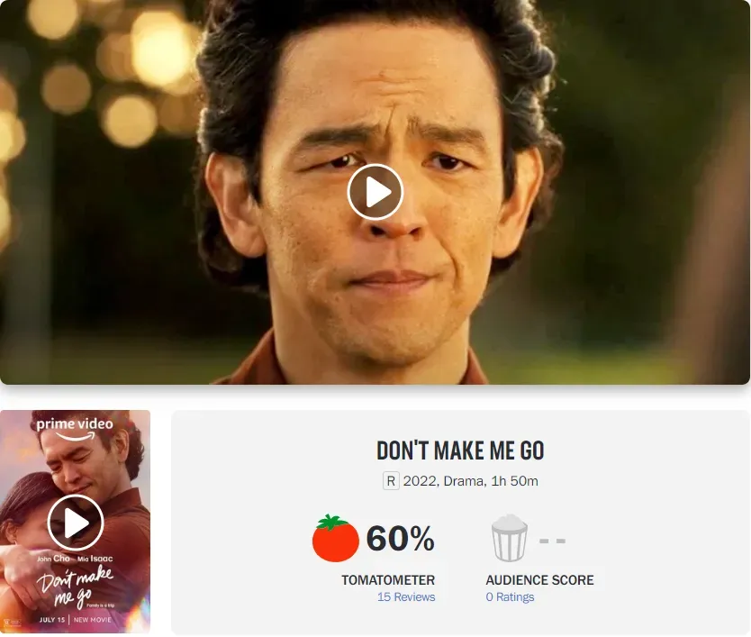 "Don't Make Me Go‎" Rotten Tomatoes has a freshness of 60%, an IMDB score of 6.8, and a M station score of 62 | FMV6