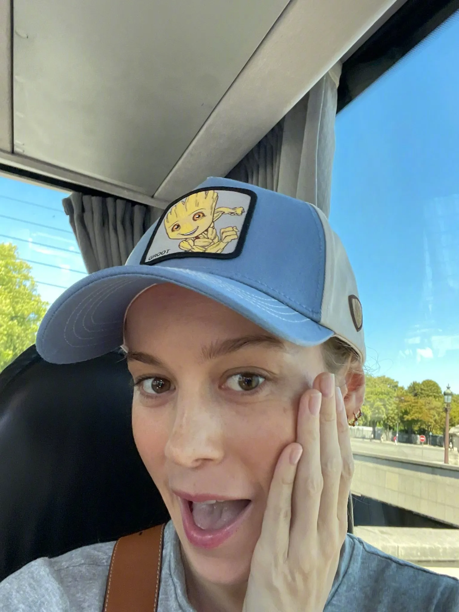 Brie Larson wearing a Groot merch hat | FMV6