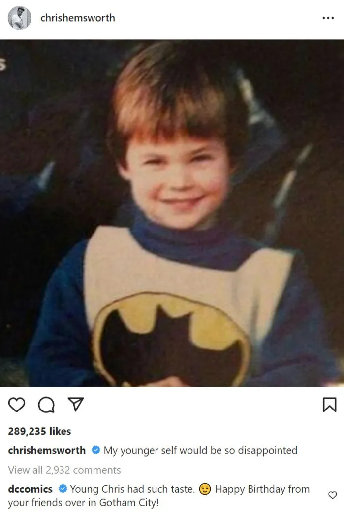 Chris Hemsworth shares a photo of his childhood wearing Batman clothes to celebrate birthday | FMV6