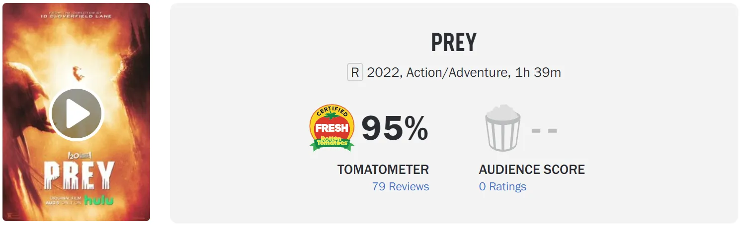 'Prey' media word-of-mouth ban is lifted, Rotten Tomatoes freshness is 95%, MTC average score is 69, IGN score is 8 | FMV6