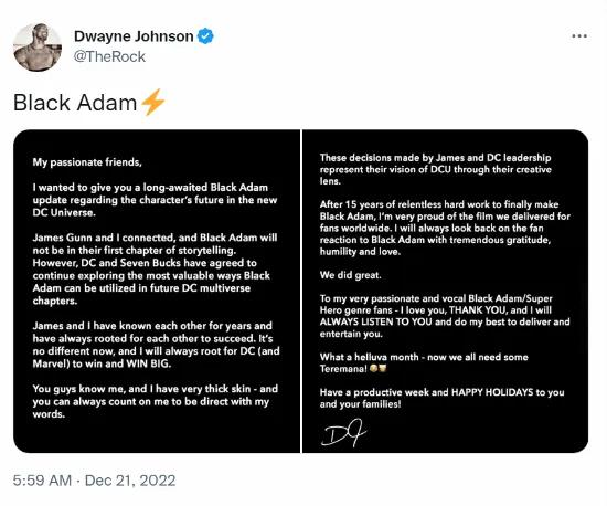 Dwayne Johnson confirms Black Adam won't appear in new DC superhero movie | FMV6
